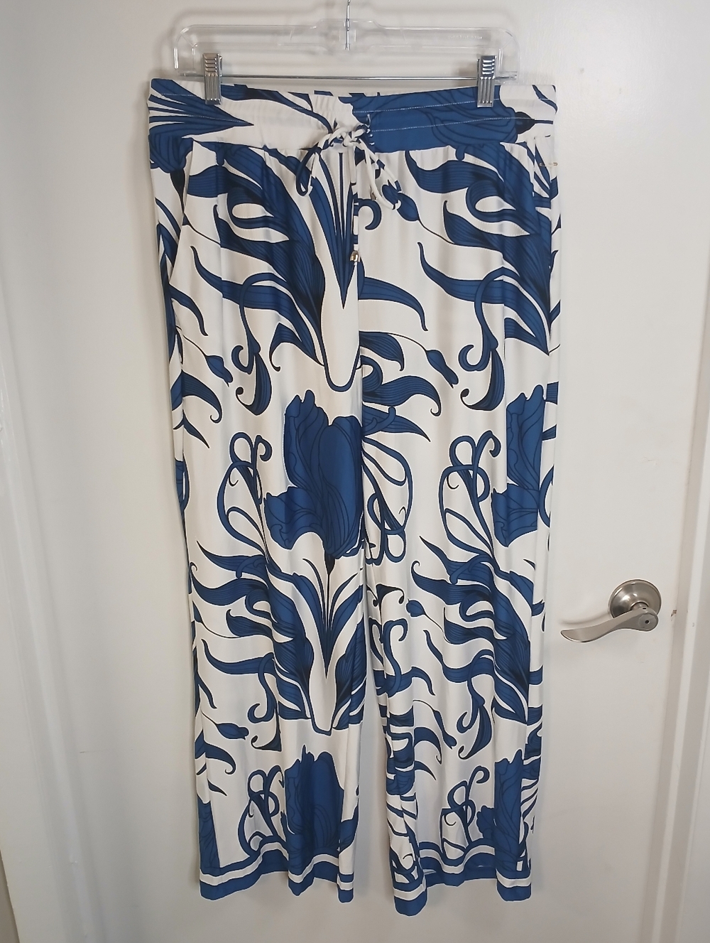 New! Park & Main Blue & White Wide Leg Floral Print Flowy Drawstring Pants XL